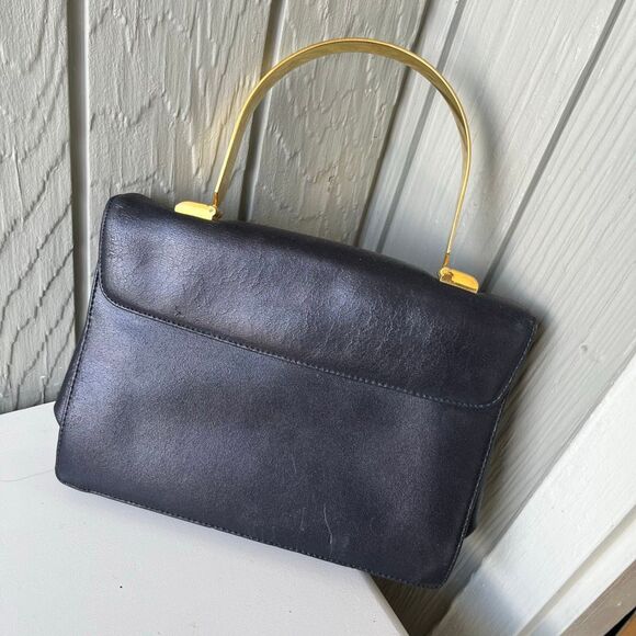 VTG 50s 60s Korent Navy Genuine Leather Top Handle Bag Gold Hardware Red Lining - Picture 6 of 14